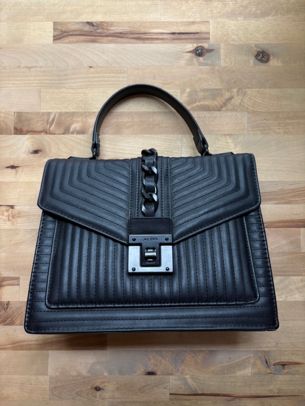 Aldo Black Quilted Chain-Accent Top Handle Satchel - Picture 1 of 14